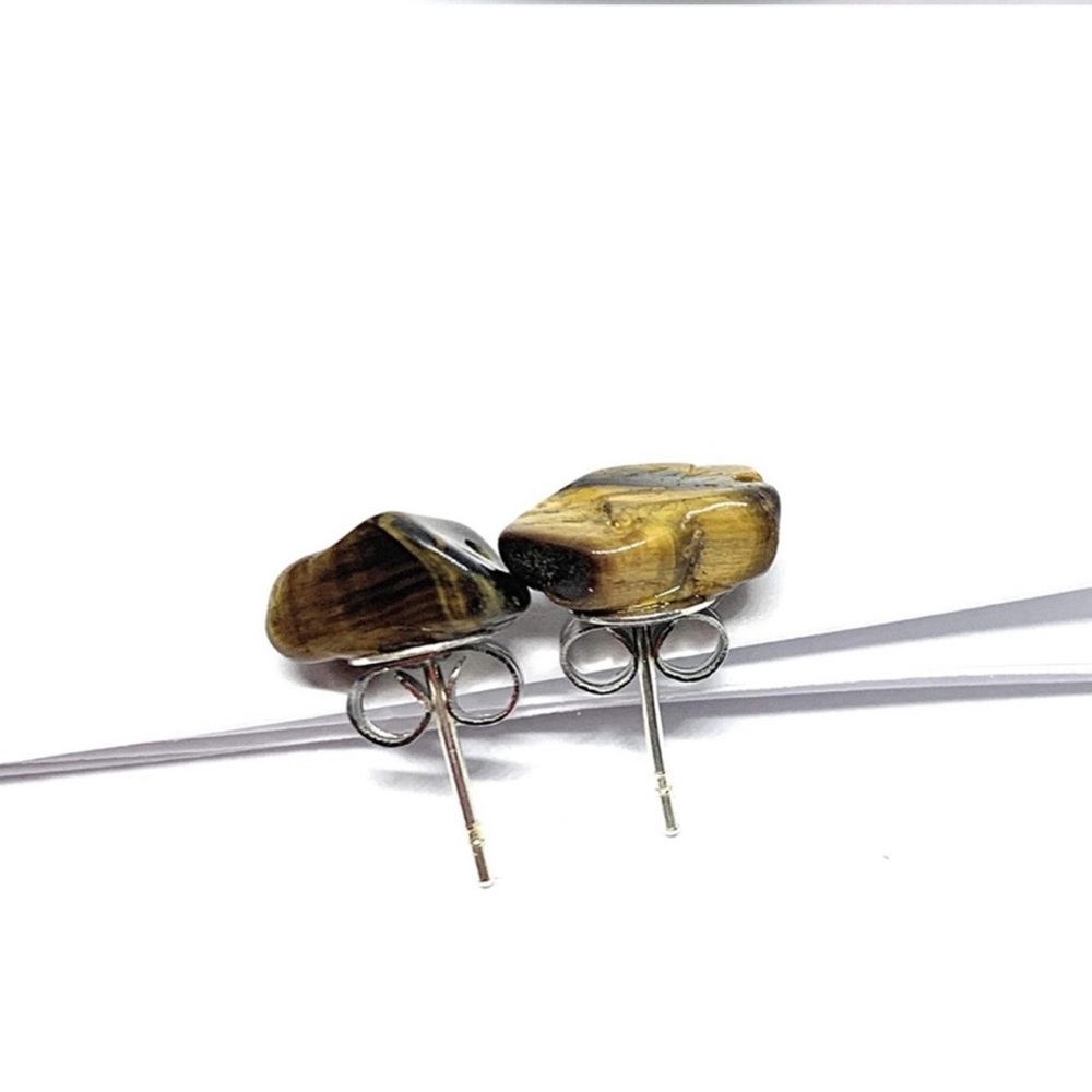 New Handmade Raw Natural Tumbled Tiger Eye 925 Sterling Silver Stud Earrings - Picture 10 of 12